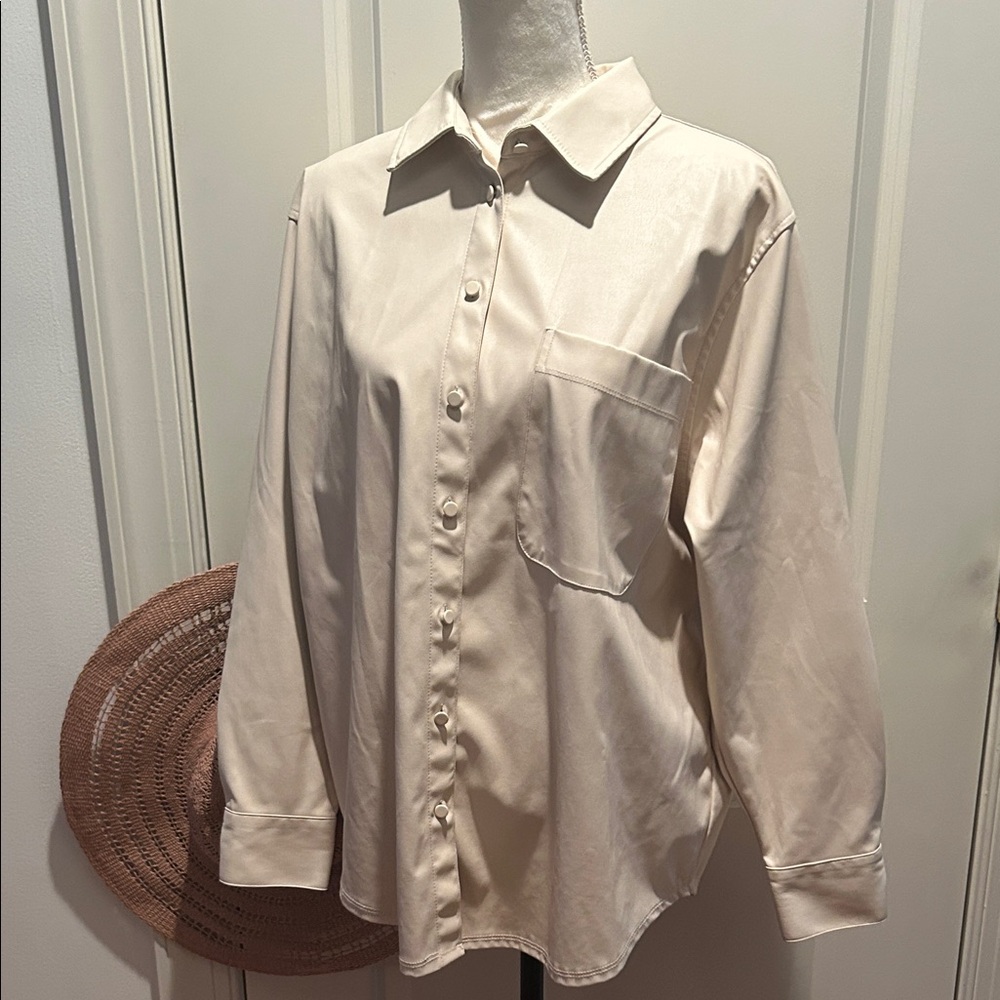 A NEW DAY Faux Leather Oversized Button up Shirt Cream Womens L